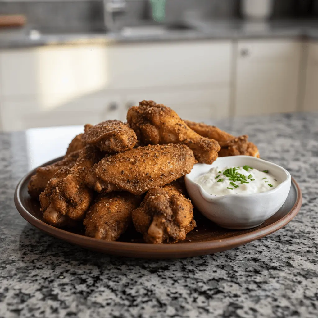 Close-up of crispy, golden-brown dry rub chicken wings served with dipping sauce.