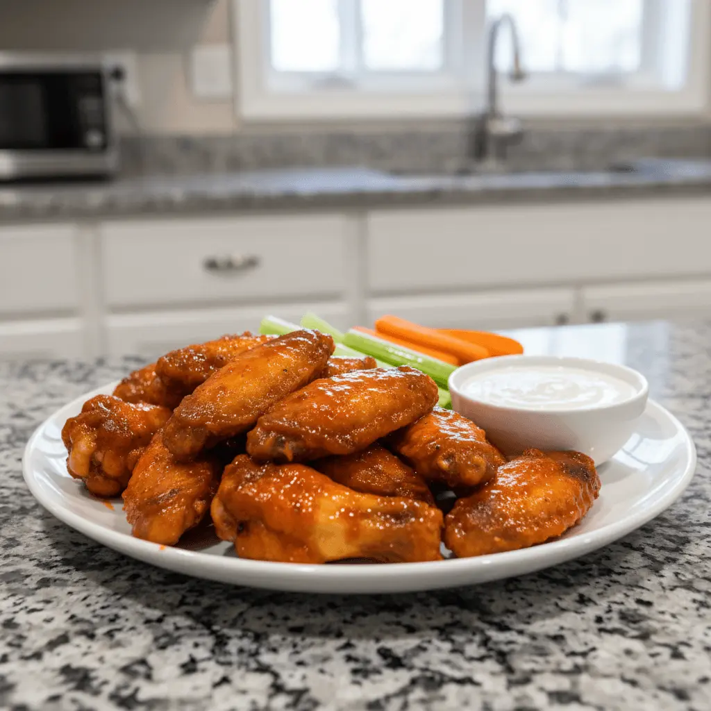 Delicious crockpot chicken wings coated in a vibrant buffalo sauce, served with fresh celery, carrots, and a creamy dipping sauce on a modern kitchen counter.