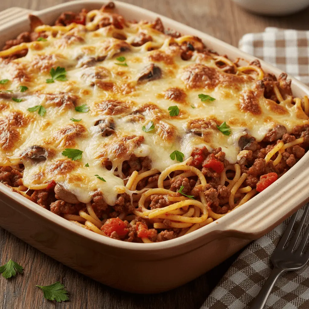 A close-up of a freshly baked spaghetti casserole in a rustic dish, topped with golden-brown melted cheese and fresh parsley.