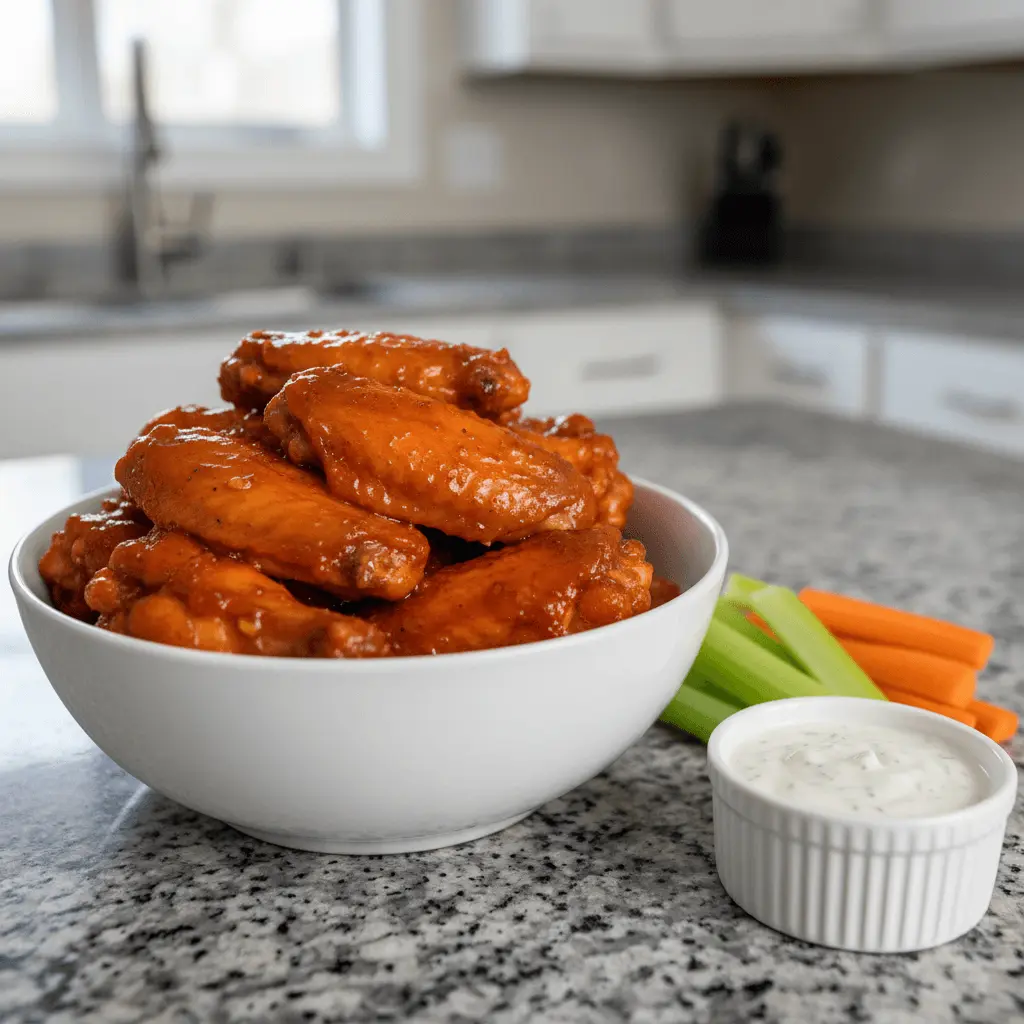 Glistening buffalo crockpot chicken wings in a white bowl, served with fresh celery, carrot sticks, and creamy dip on a modern kitchen counter.