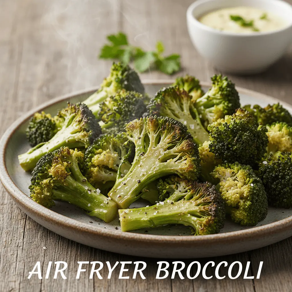 Steaming, perfectly seasoned air fryer broccoli on a rustic plate, inspiring delicious air fryer broccoli recipes.