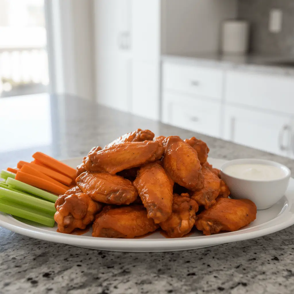 A close-up of delicious crockpot chicken wings, coated in glossy buffalo sauce, served with crisp celery and carrot sticks, and a creamy dipping sauce on a modern kitchen counter.