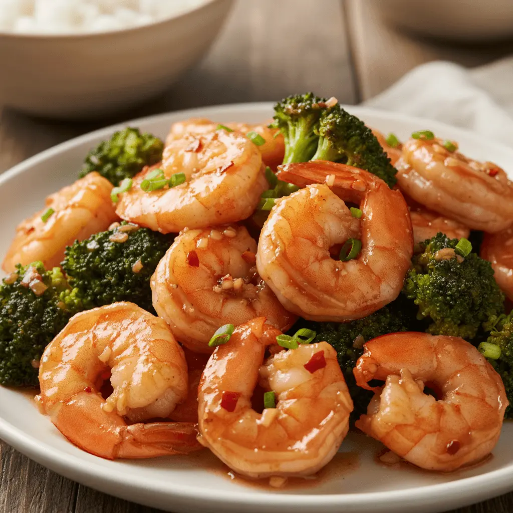 A close-up of a vibrant stir-fry dish featuring plump orange-pink shrimp and dark green broccoli florets coated in a glossy amber sauce, garnished with scallions and chili flakes, perfect for inspiring shrimp and broccoli recipes.