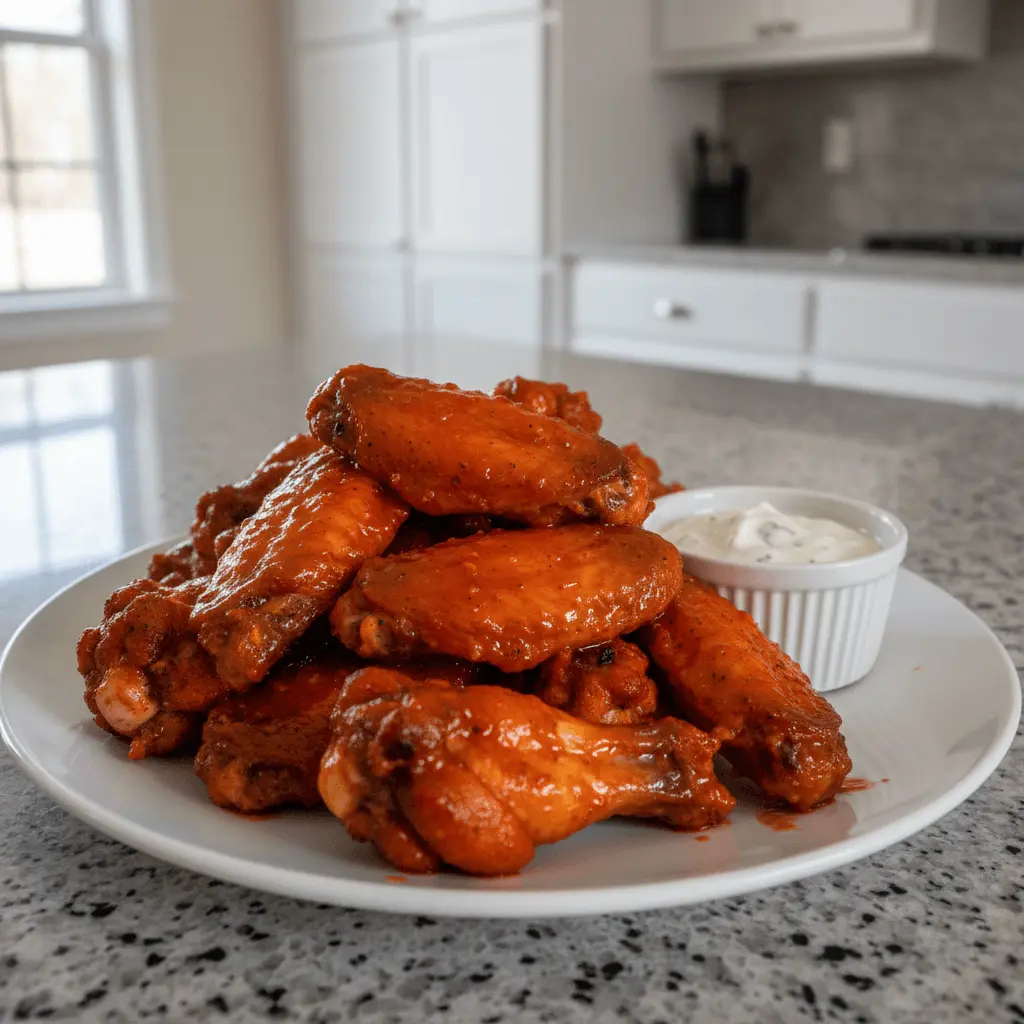 A close-up shot of a plate of vibrant buffalo chicken wings with a side of creamy ranch dipping sauce in a modern kitchen.