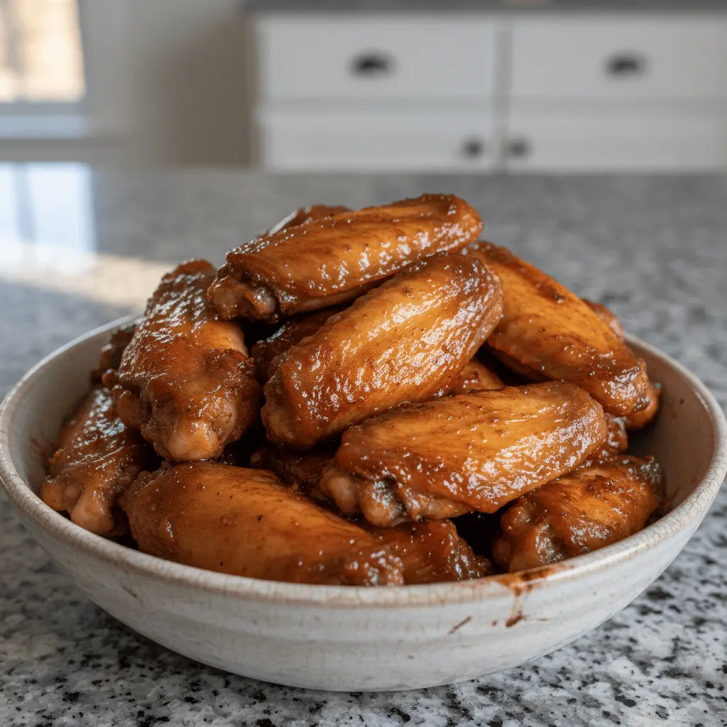 A close-up of a rustic bowl overflowing with golden-brown crispy oven baked chicken wings, glistening with a savory glaze on a granite countertop.
