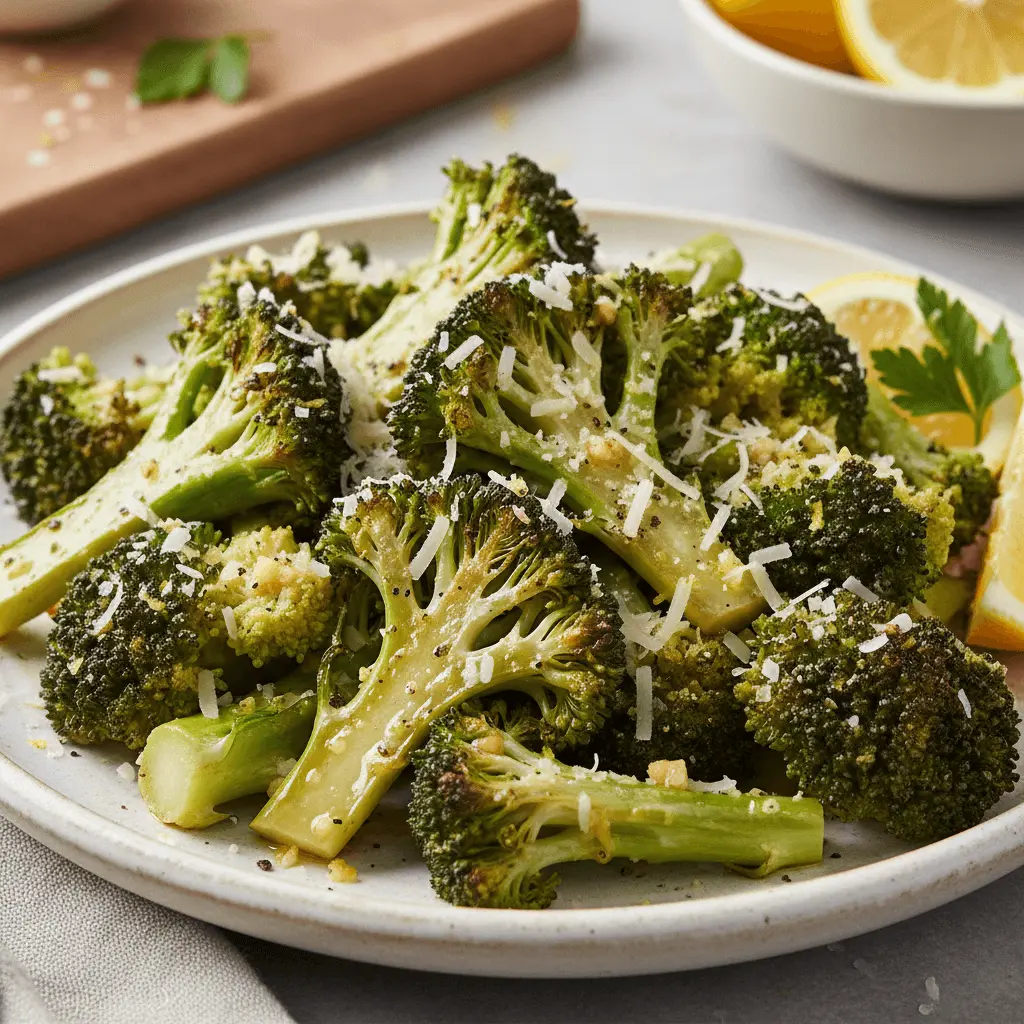 Close-up of a plate of roasted broccoli with Parmesan and lemon, inspiring fresh broccoli recipes.