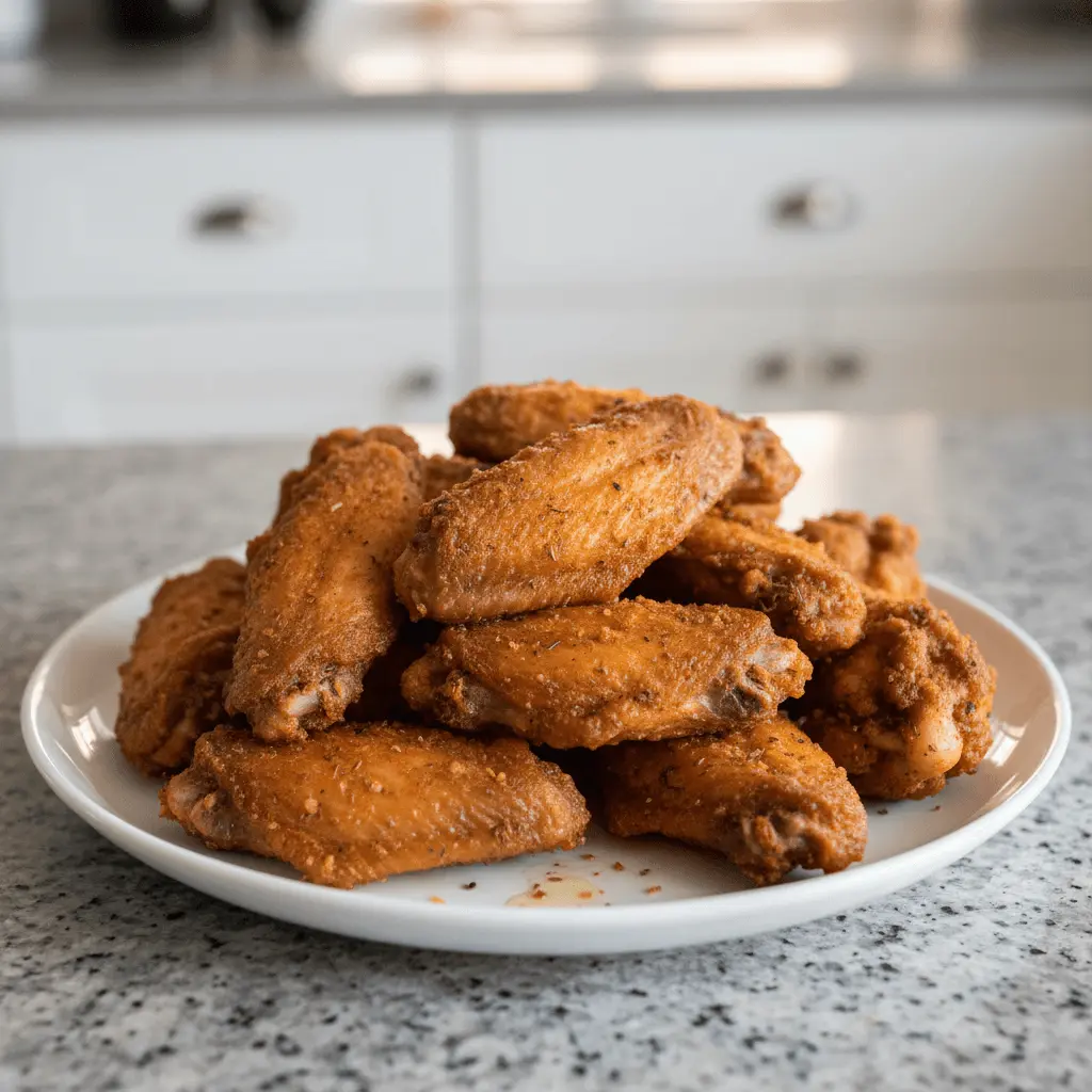 A delectable close-up of a generous pile of crispy air fryer chicken wings, perfectly seasoned and golden-brown on a white plate.