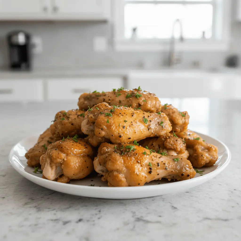 A close-up of perfectly cooked golden-brown lemon pepper chicken wings piled high on a white plate.