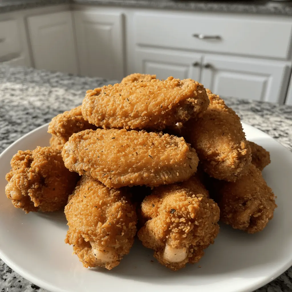 Close-up of crispy, golden fried chicken wings piled on a white plate in a bright kitchen.
