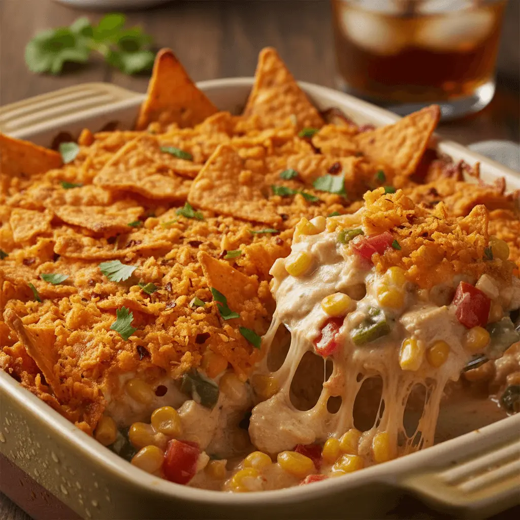 A warm chicken Dorito casserole with a crispy, golden-orange crushed chip topping, showing a delicious cheese pull as it's scooped from a ceramic dish on a rustic wooden table.