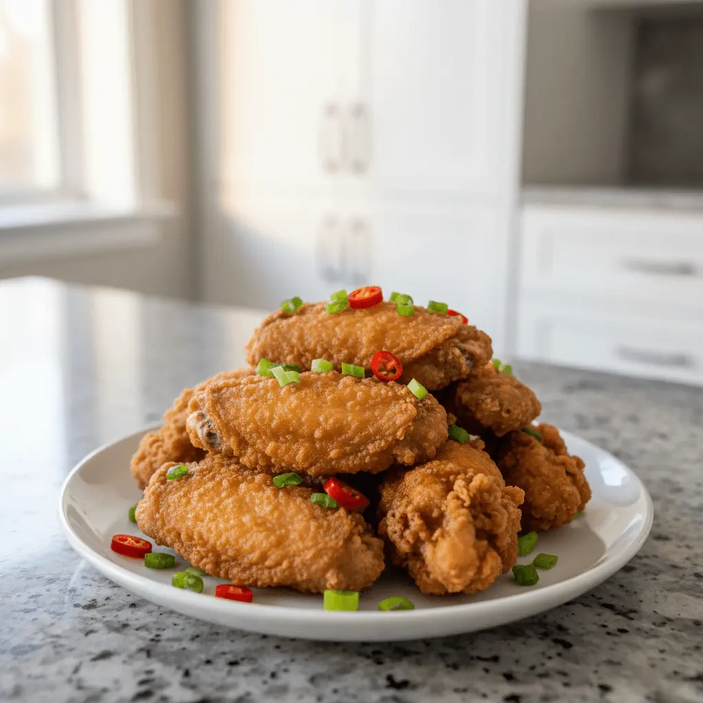 Close-up of crispy, golden chinese fried chicken wings garnished with green onions and red chili peppers on a white plate.