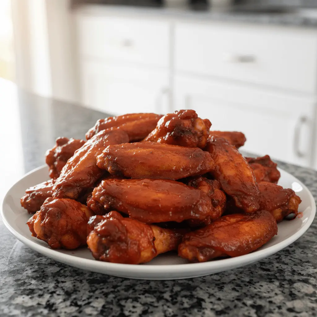Close-up of a generous pile of saucy bbq chicken wings on a white plate in a modern kitchen.