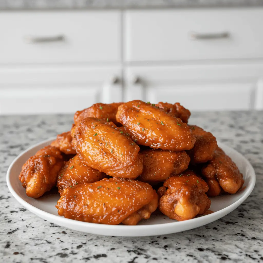 Glossy, sauced boneless chicken wings piled high on a white plate, ready to be enjoyed.