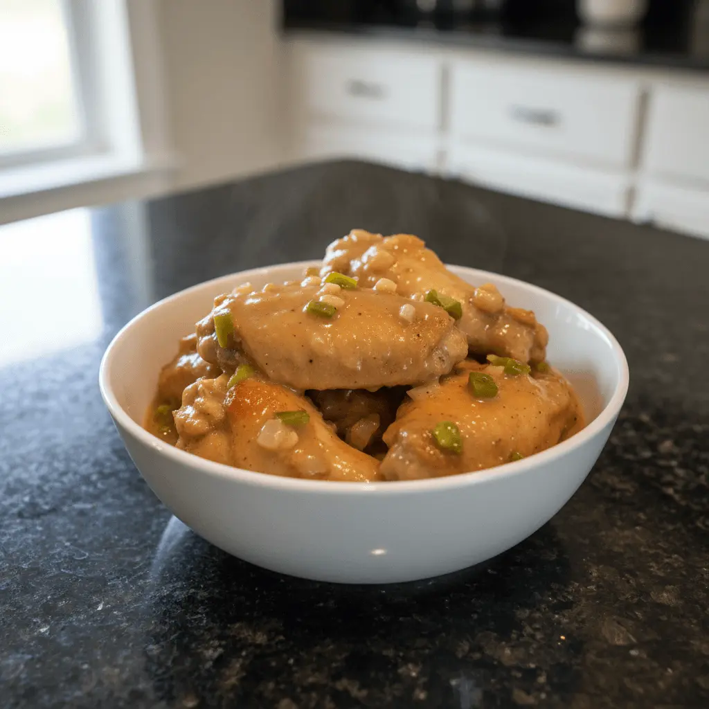 Close-up of hot, freshly cooked smothered chicken wings generously coated in a golden-tan sauce with green garnishes in a white bowl on a dark countertop.