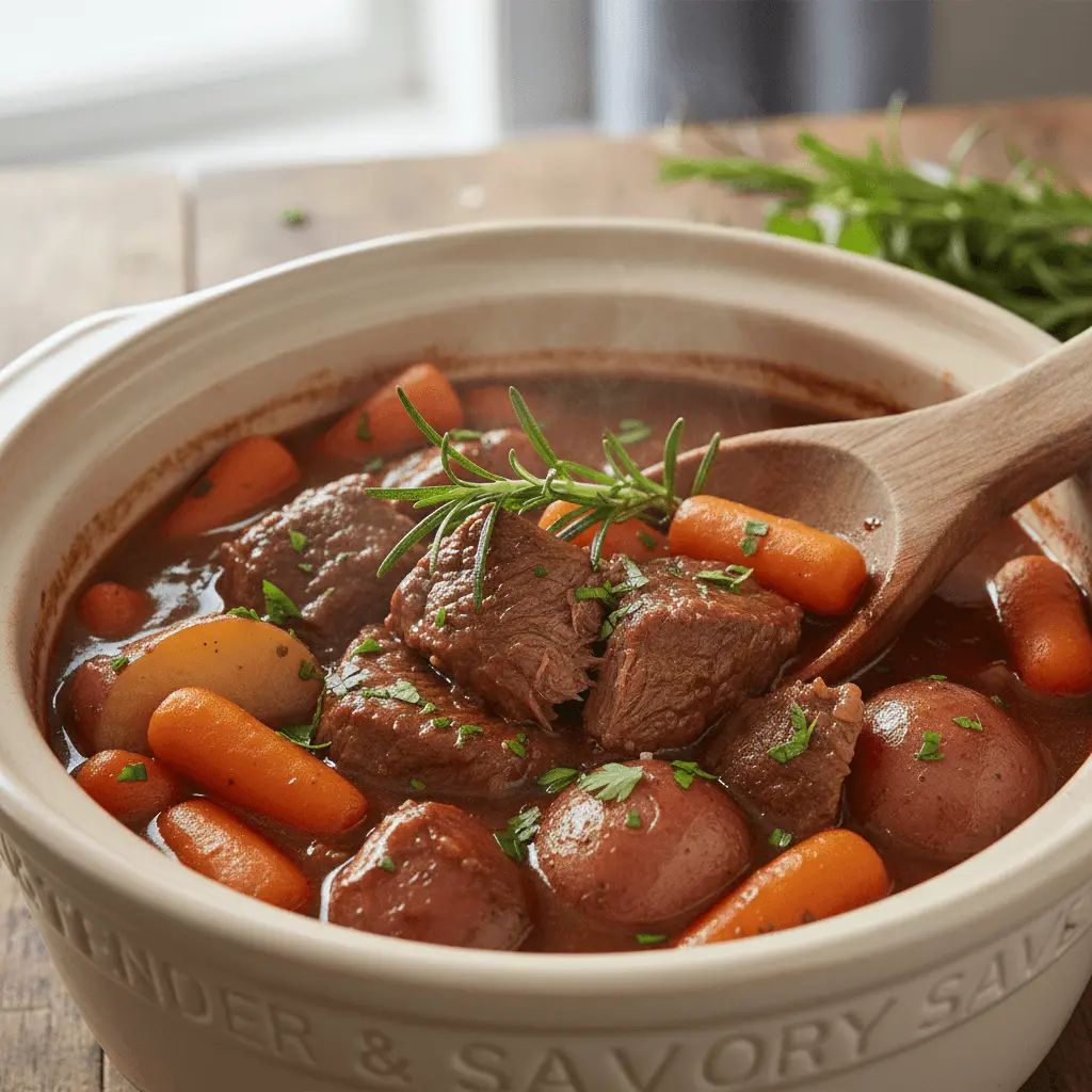 A close-up of a steaming, hearty beef stew with tender beef, carrots, and potatoes in an earthenware pot, perfect for crockpot recipes.