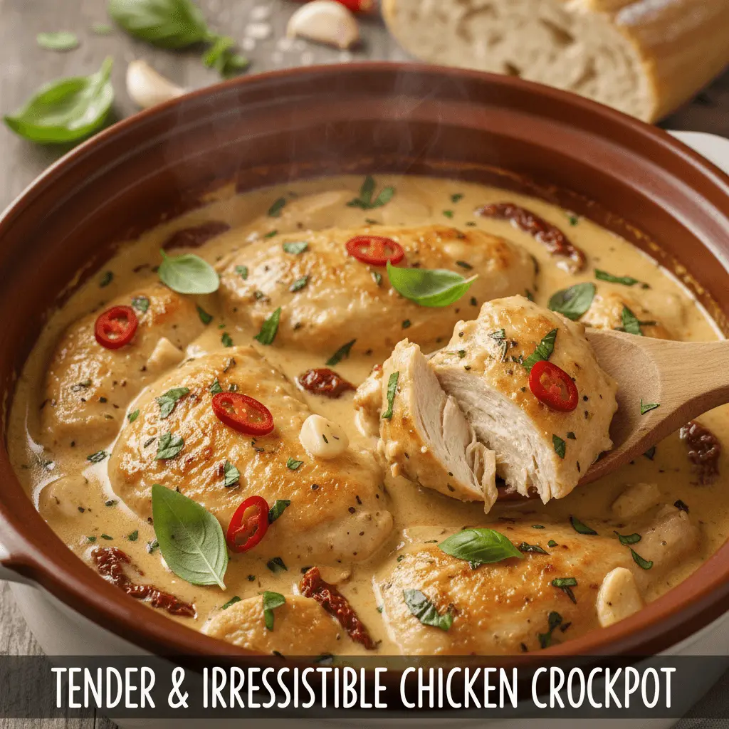 A mouth-watering close-up of golden-brown chicken in a creamy sauce, garnished with herbs and chilies, served hot in a rustic crockpot, illustrating delicious chicken crockpot recipes.