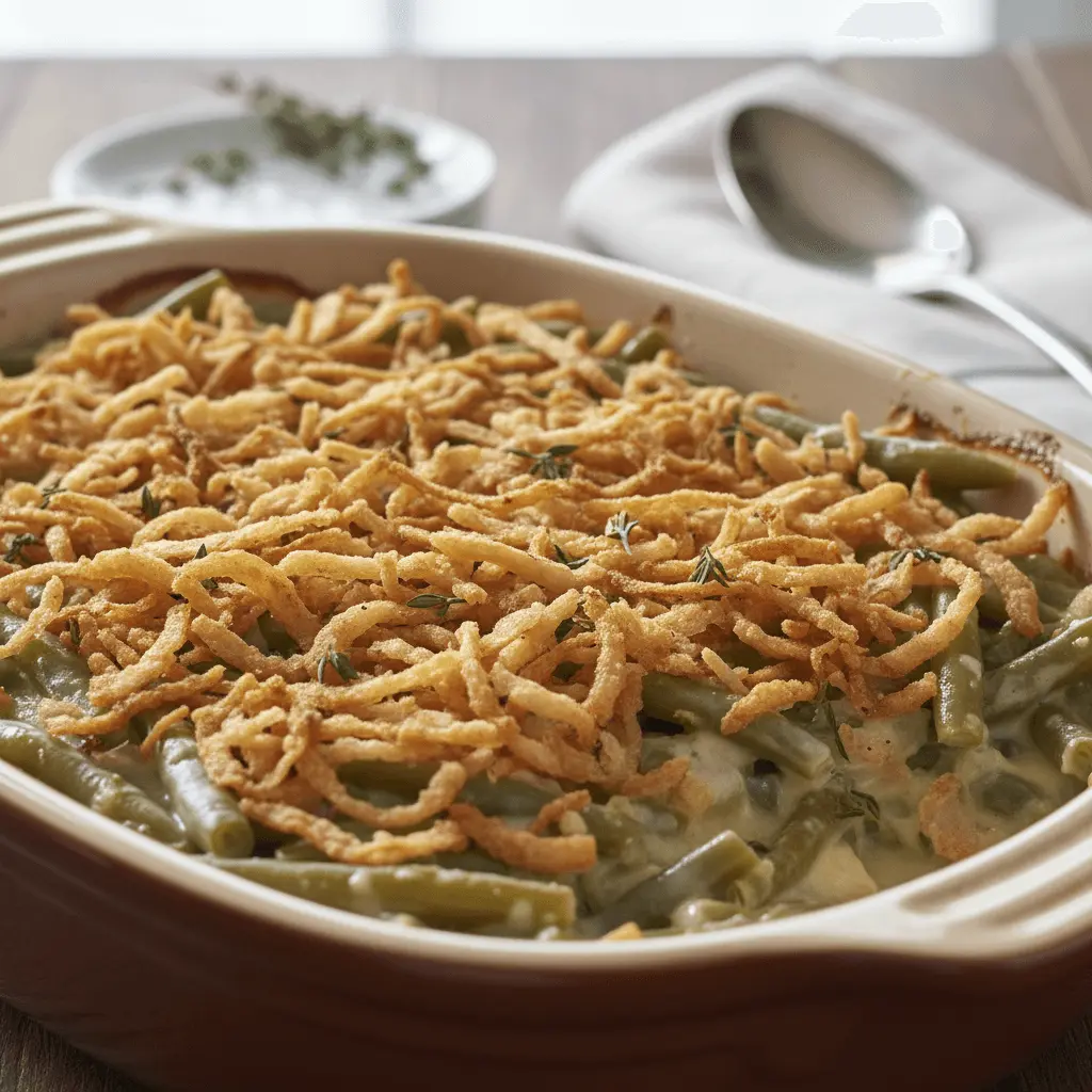 Delicious green bean casserole in an oval baking dish with crispy fried onions and fresh herbs.