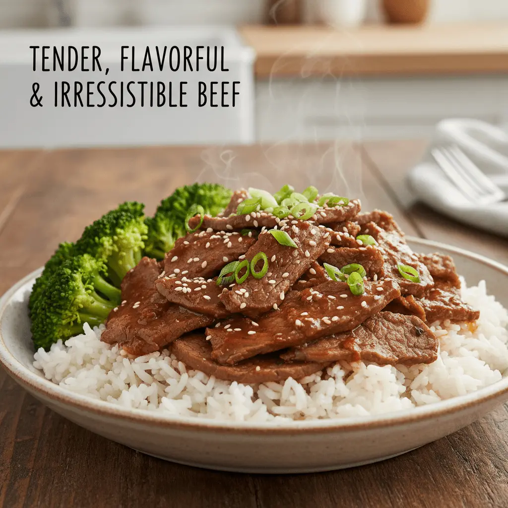 Steaming bowl of tender beef and broccoli, a delicious inspiration for beef crockpot recipes.