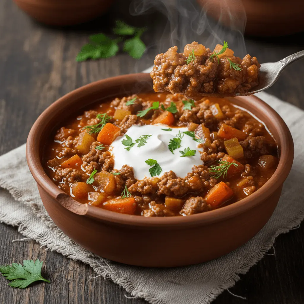 Close-up of steaming ground beef stew with carrots and herbs in a rustic bowl, ideal for easy crockpot recipes with ground beef.