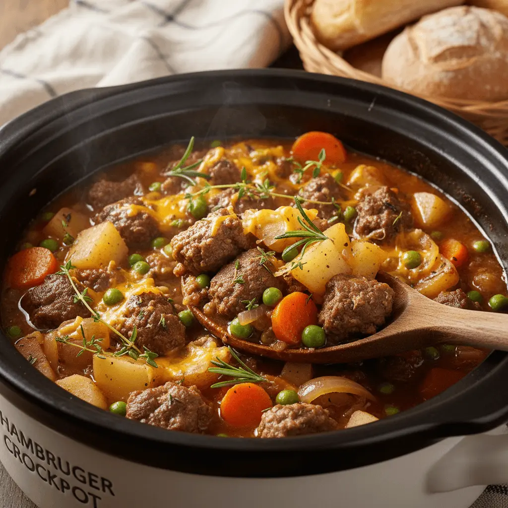Hearty hamburger crockpot stew with meatballs, potatoes, and vegetables simmering in a slow cooker, showcasing delicious hamburger crockpot recipes.