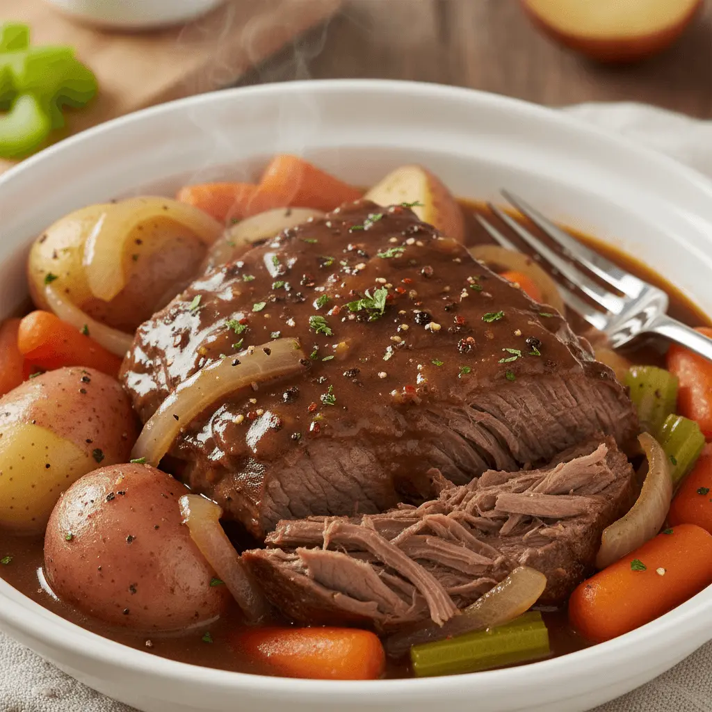 A close-up of a steaming, tender beef roast with vegetables and rich gravy in a white dish, inspiring delicious beef roast crockpot recipes.