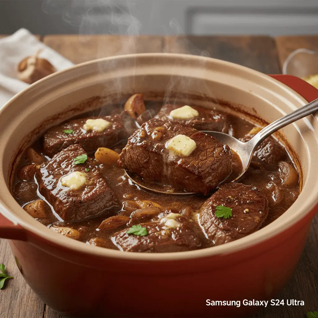 Close-up of a hearty braised beef stew in a rustic pot, exemplifying delicious steak crockpot recipes, garnished with butter and fresh herbs.