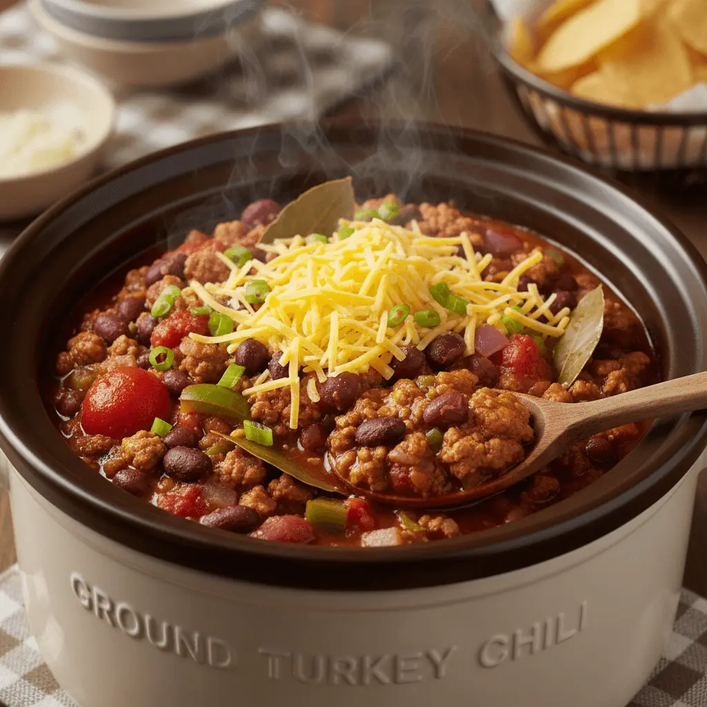 A steaming pot of ground turkey chili in a slow cooker, a perfect example of delicious ground turkey crockpot recipes.
