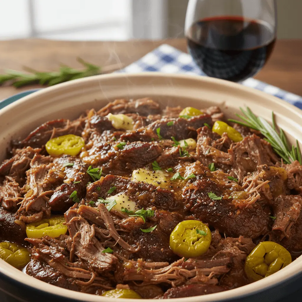 Steaming Mississippi pot roast from crockpot, garnished with peppers and herbs on a rustic wooden table.