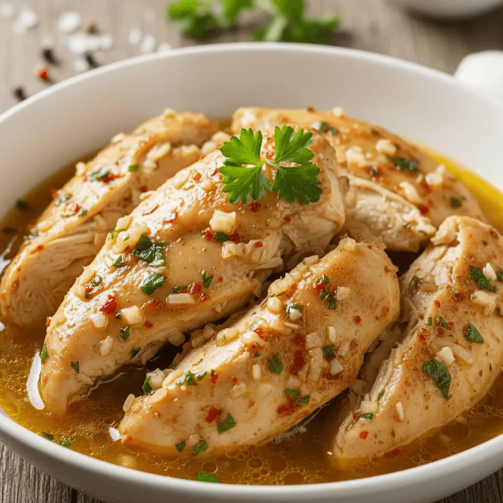 Delicious cooked chicken breast from a crockpot recipe, served with garlic and herbs in a white bowl on a wooden table.