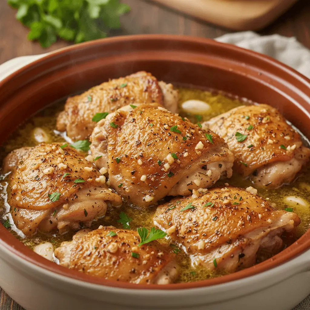 Close-up of golden-brown chicken thighs in a rustic ceramic pot, perfect for delicious chicken thigh crockpot recipes.