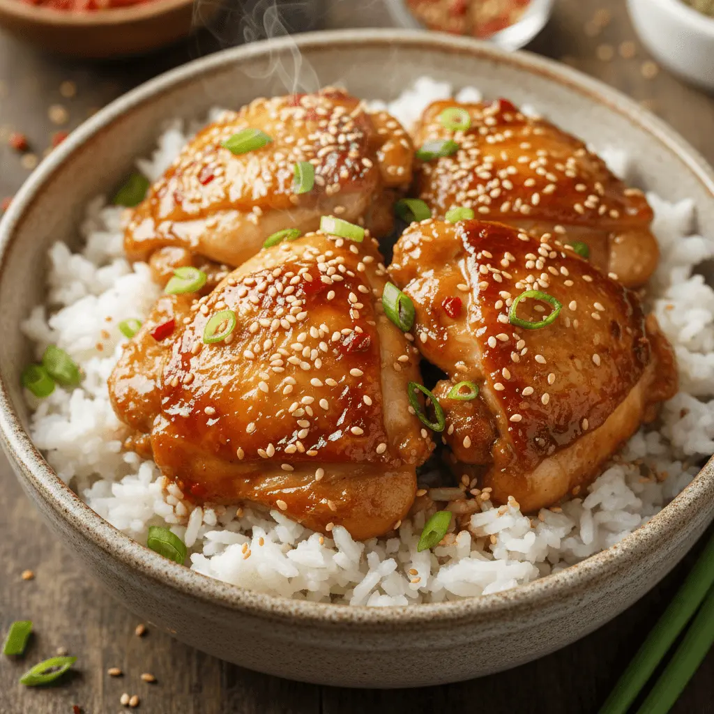 Asian-inspired glazed chicken with rice, sesame, and green onions, offering a flavorful idea for frozen chicken crockpot recipes.