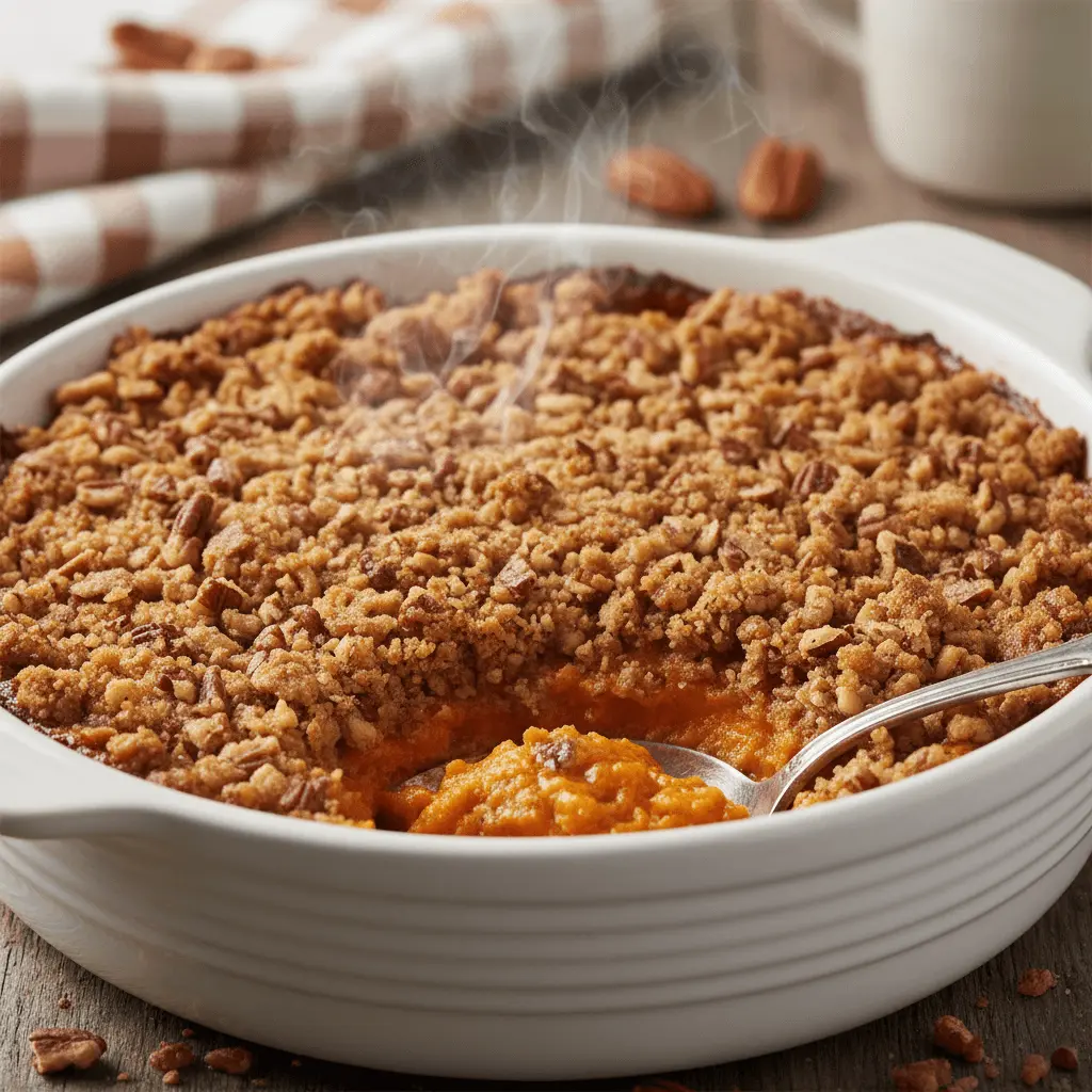 A close-up of a steaming hot sweet potato casserole with a golden pecan streusel topping, served in a white ceramic dish.