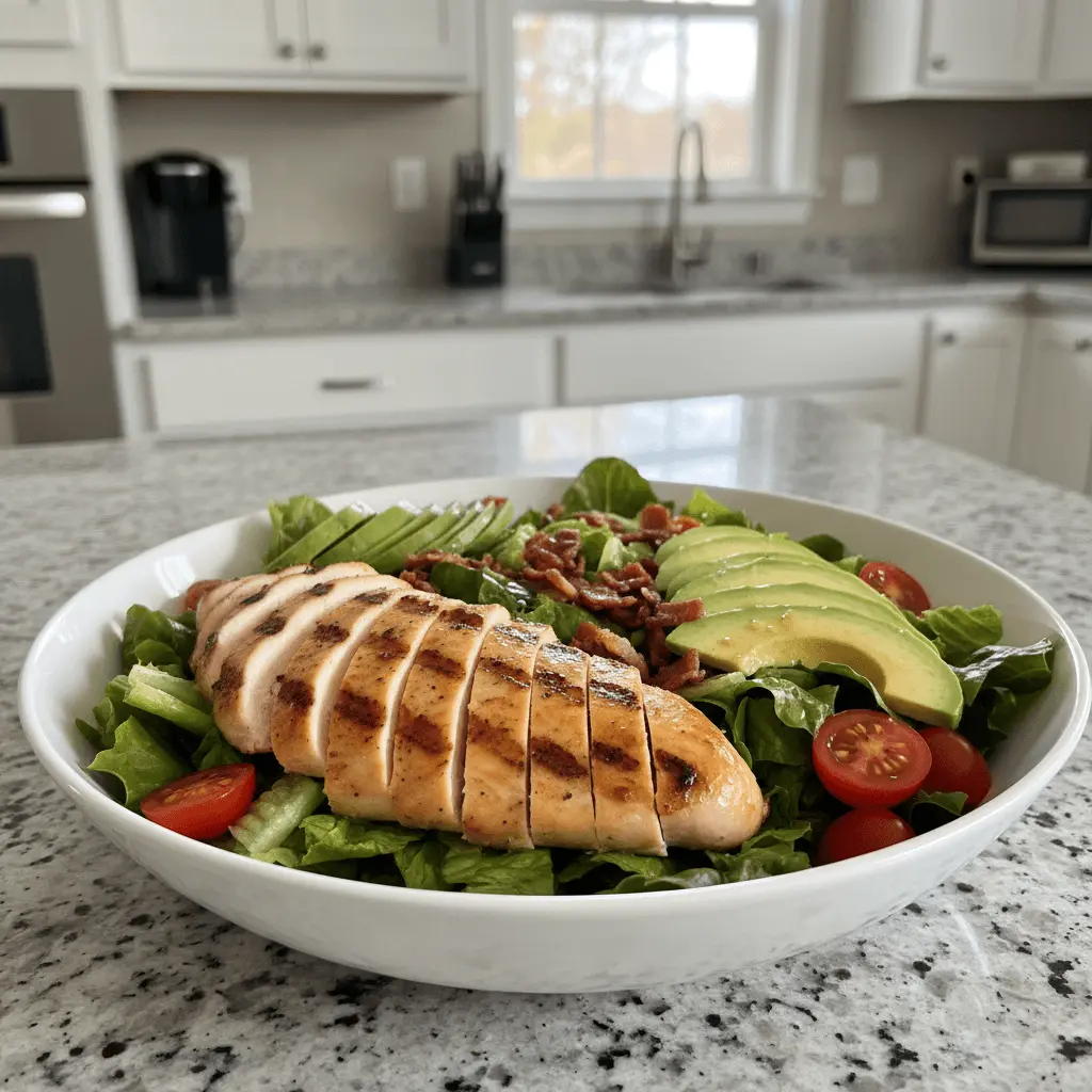 Vibrant grilled chicken avocado salad with crispy bacon and cherry tomatoes on a modern kitchen countertop.