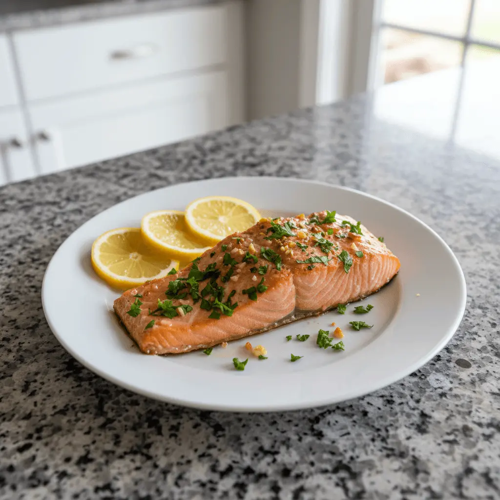 Beautifully plated baked salmon with lemon garlic and fresh herbs.