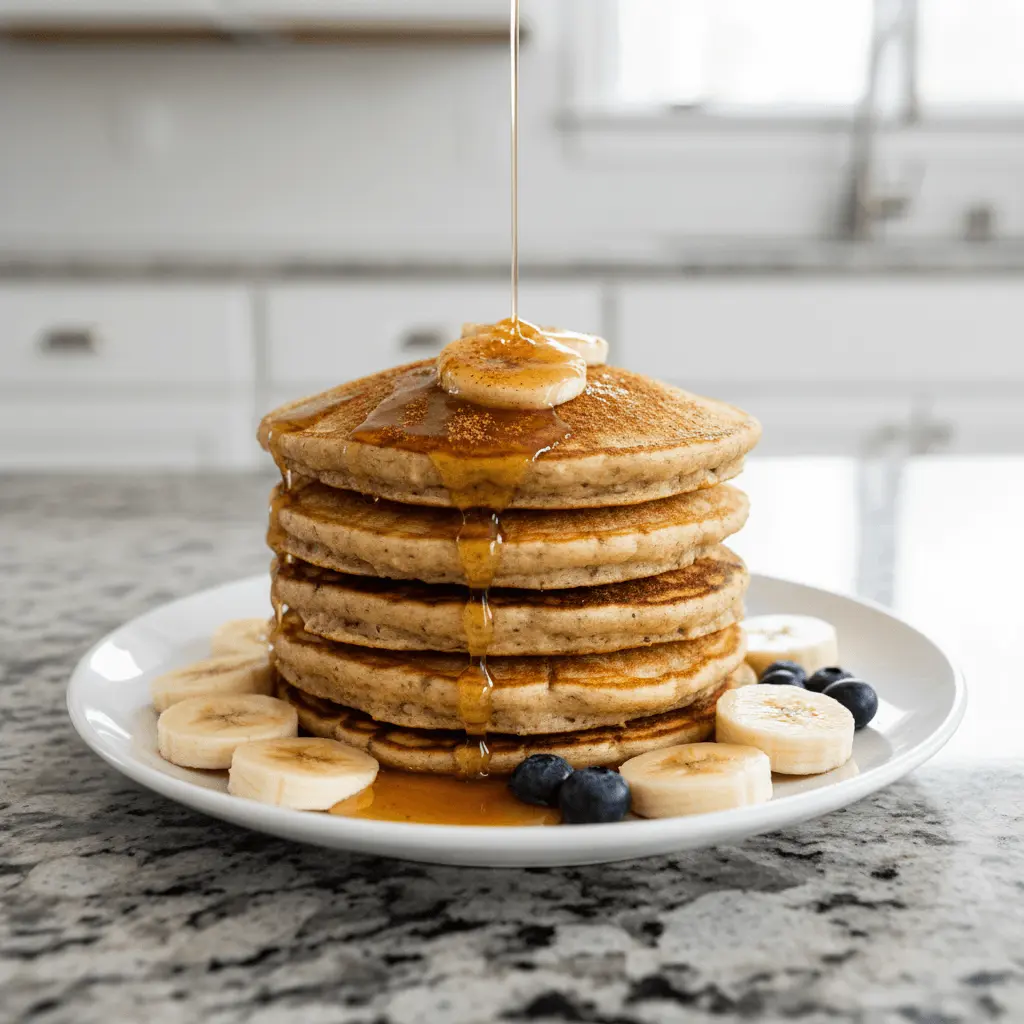 A tall stack of golden banana oatmeal pancakes drizzled with maple syrup, topped with fresh banana slices and blueberries on a white plate.