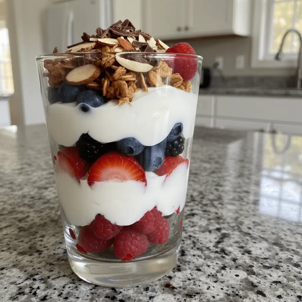 A vibrant Greek yogurt parfait with berries, layered with raspberries, strawberries, blueberries, granola, and almonds in a clear glass, in a bright modern kitchen.