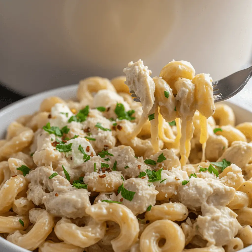 Close-up of creamy chicken pasta with fork lifting a portion, a delicious outcome from chicken pasta crockpot recipes.