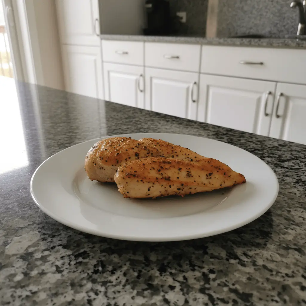 Golden-brown air fryer chicken breast seasoned with herbs, served on a white plate in a modern kitchen.