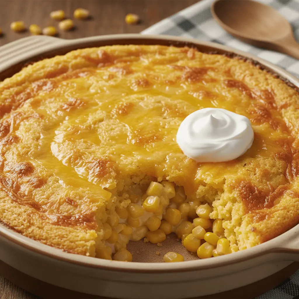 A warm, golden-brown corn casserole in a rustic ceramic dish, with a scoop removed and a dollop of cream on top, ready to be served on a wooden table.