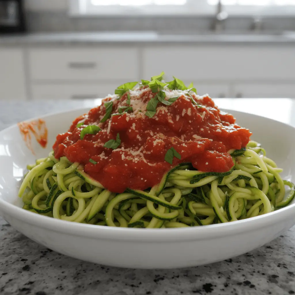 Vibrant bowl of zucchini noodle spaghetti with chunky tomato sauce, Parmesan, and fresh basil on a modern kitchen countertop.