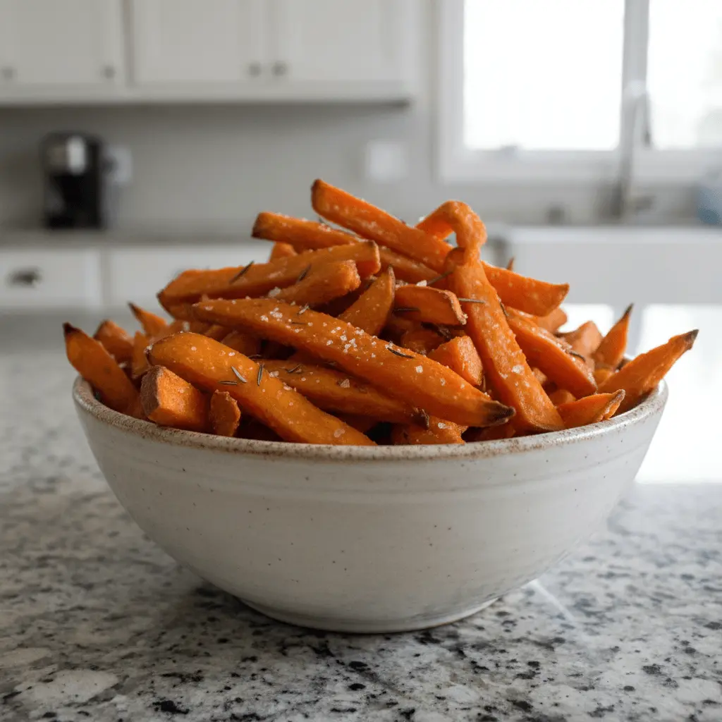 Close-up of golden baked sweet potato fries seasoned with rosemary and sea salt in a rustic ceramic bowl.