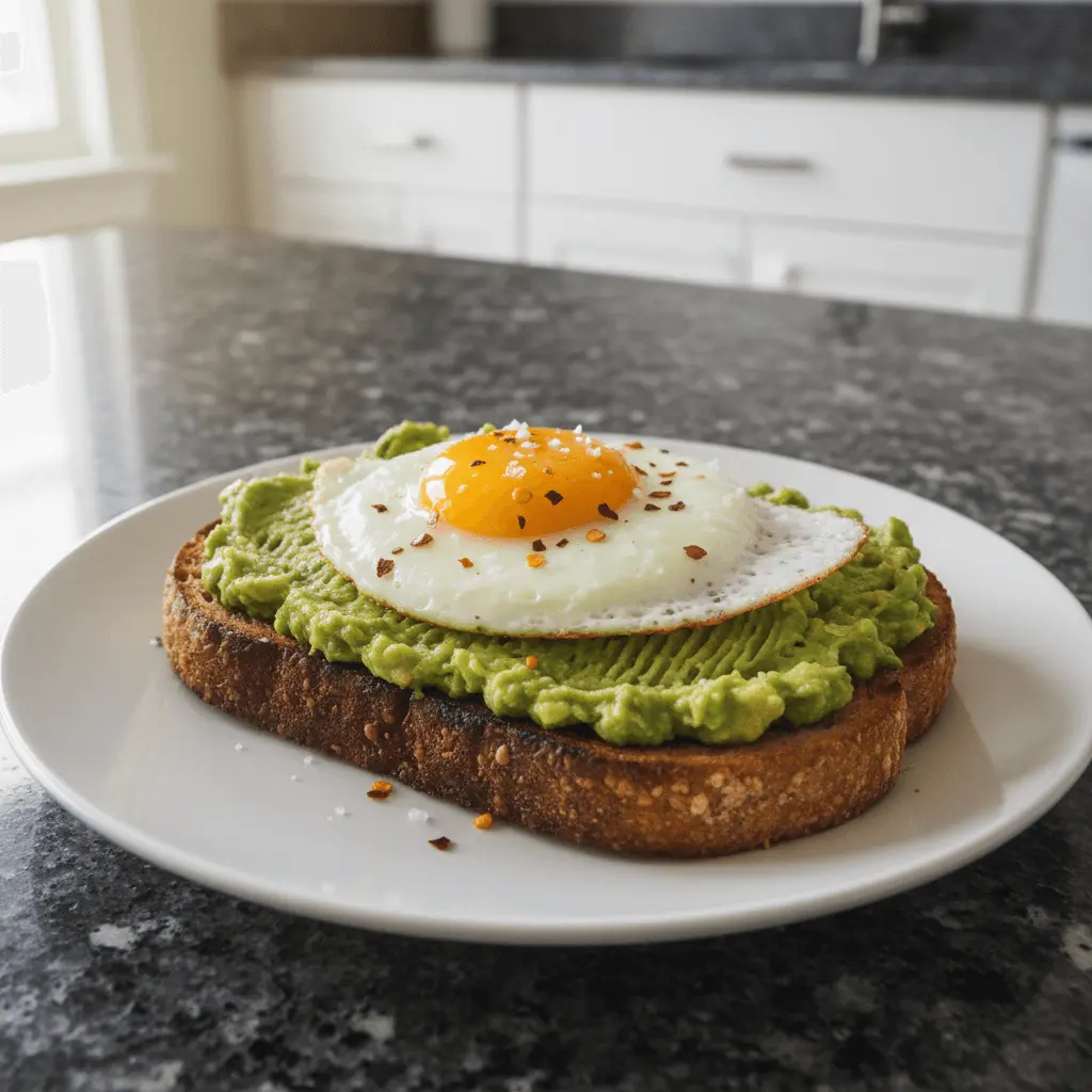 Appetizing avocado egg toast on a white plate with flaky salt and red pepper flakes.