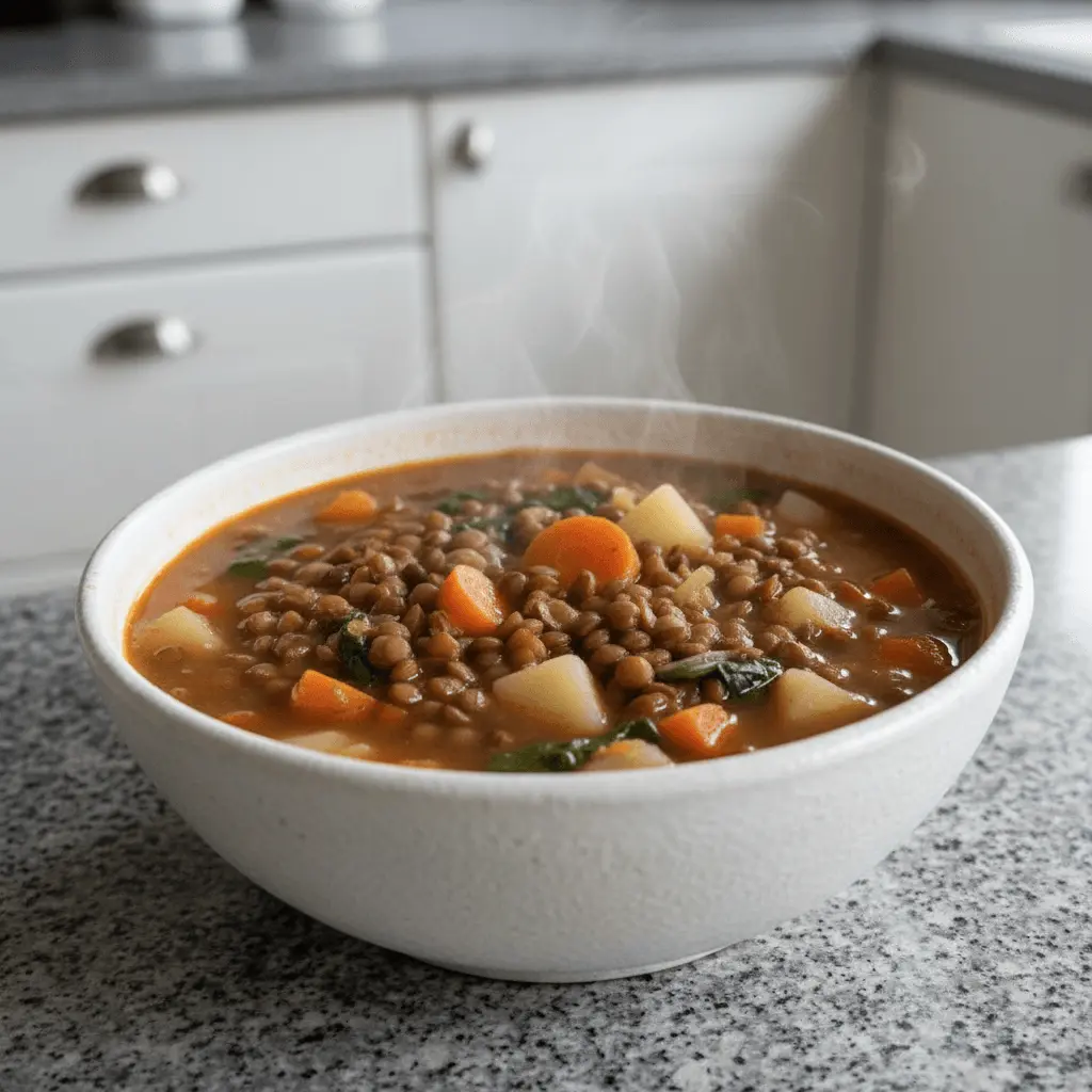 A steaming bowl of homemade lentil vegetable soup with carrots, potatoes, and greens on a speckled kitchen countertop.
