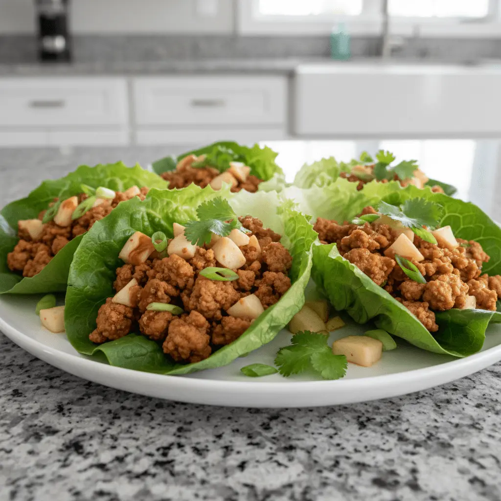 Freshly prepared Turkey lettuce wraps garnished with scallions and cilantro on a white plate.