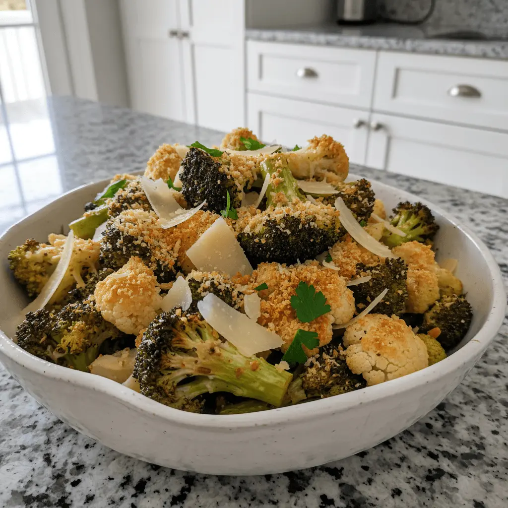 Close-up of appetizing roasted broccoli and cauliflower with crispy breadcrumbs, shaved cheese, and fresh herbs in a rustic bowl.