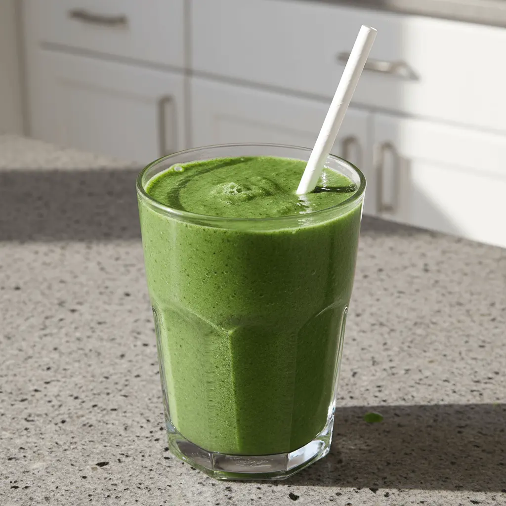 A vibrant green spinach banana smoothie in a clear glass on a speckled stone countertop, catching the morning light.