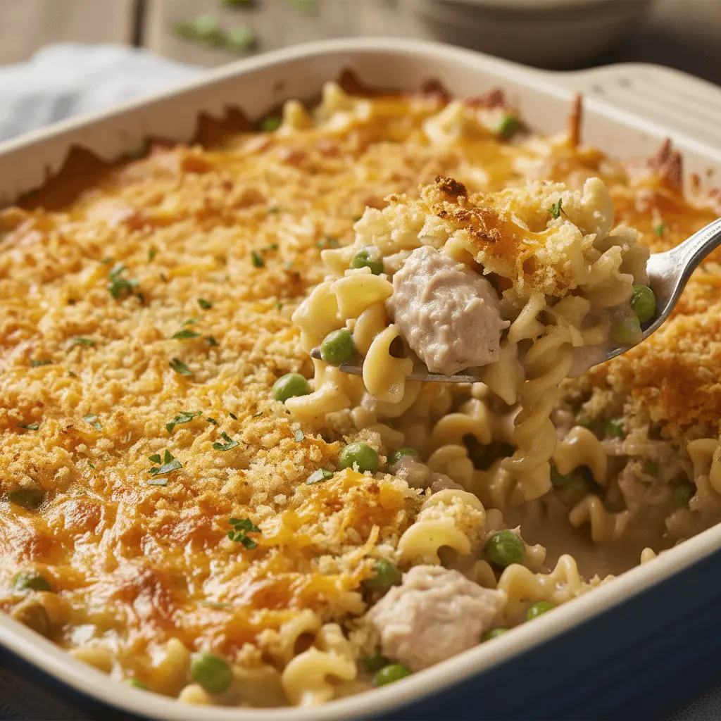 Close-up of a freshly baked tuna noodle casserole with a golden, crispy topping, showing creamy pasta, peas, and flaked tuna on a spoon.