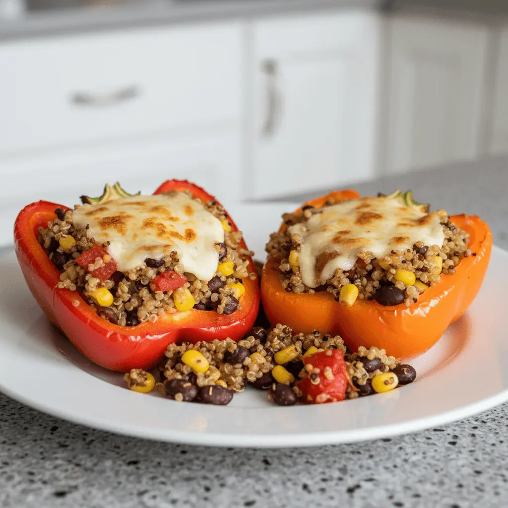 Close-up of vibrant red and orange stuffed bell peppers with quinoa, black beans, corn, and melted cheese on a white plate.