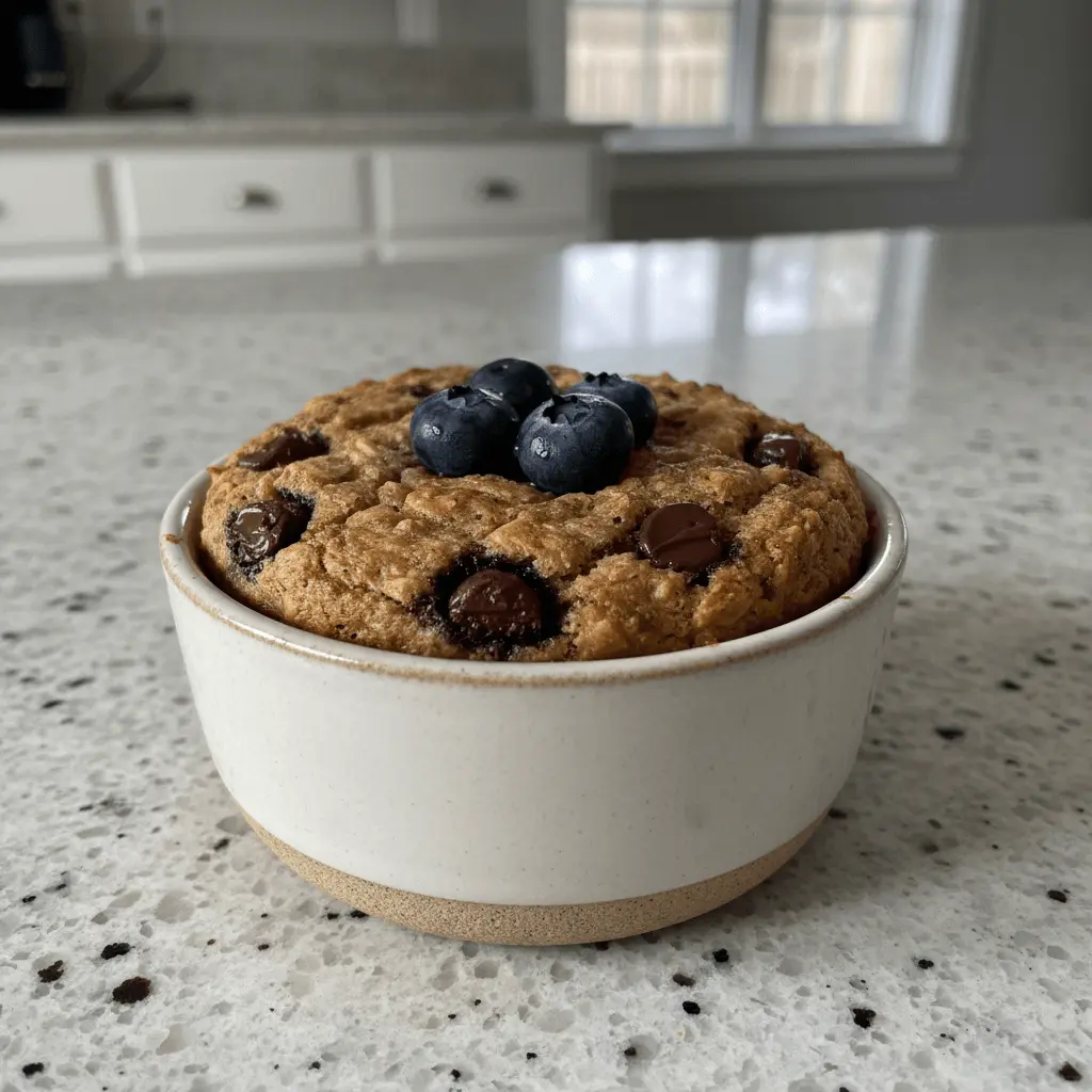 Delicious baked oatmeal cups with melted chocolate chips and fresh blueberries in a rustic bowl on a speckled counter.
