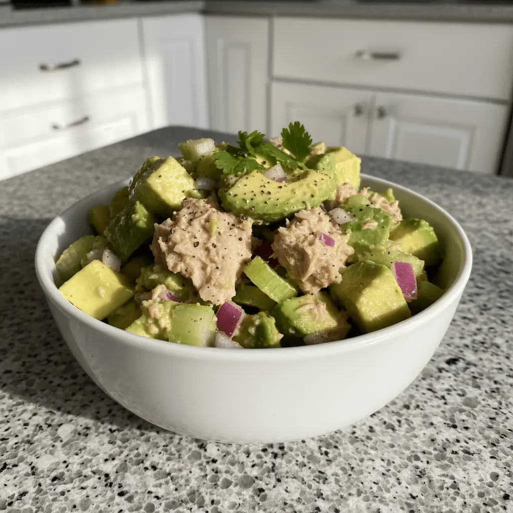 A vibrant tuna avocado salad served in a white bowl on a speckled kitchen counter, ready to eat.